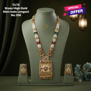 Brass High Gold Moti Mala Long Set - Square