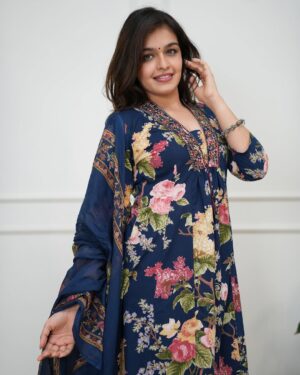 Premium Pure Cotton Floral Embroidered Kurti Pant Set with Mulmul Dupatta